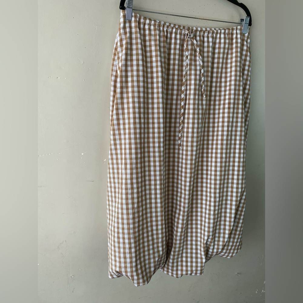 Emerson Lang Tan Gingham Bubble Midi Skirt M Coquette Cottagecore Balloon Plaid - Picture 6 of 11